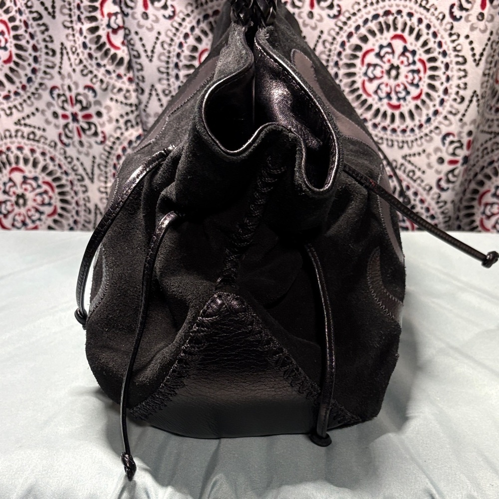 Carlos Falchi Fatto a Mano Black Suede Leather Applique Tote Braided Handle GUC - Picture 6 of 13